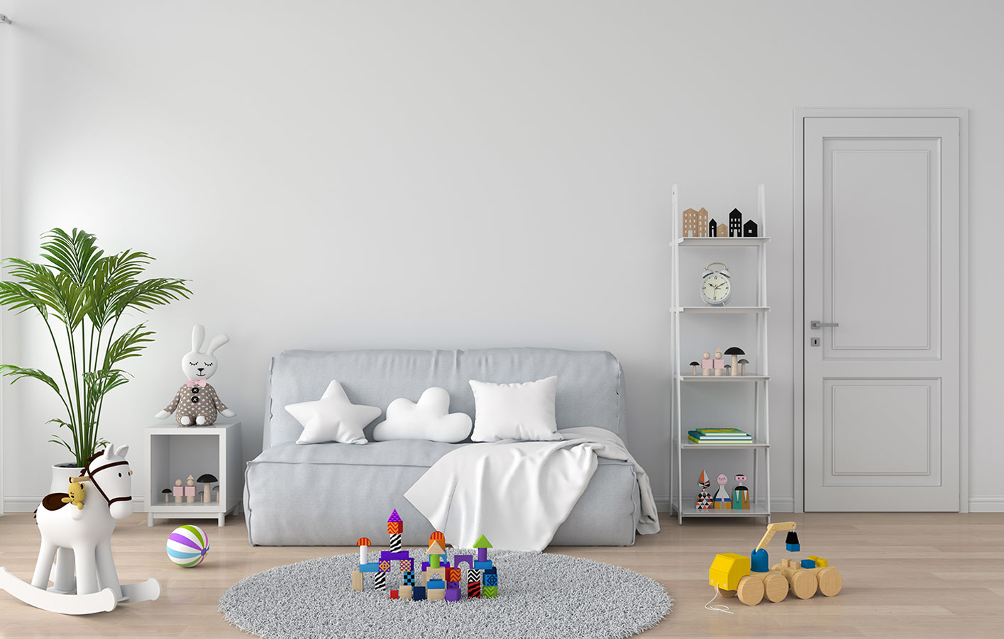 Kinderzimmer mit Couch und Spielzeug auf dem Boden